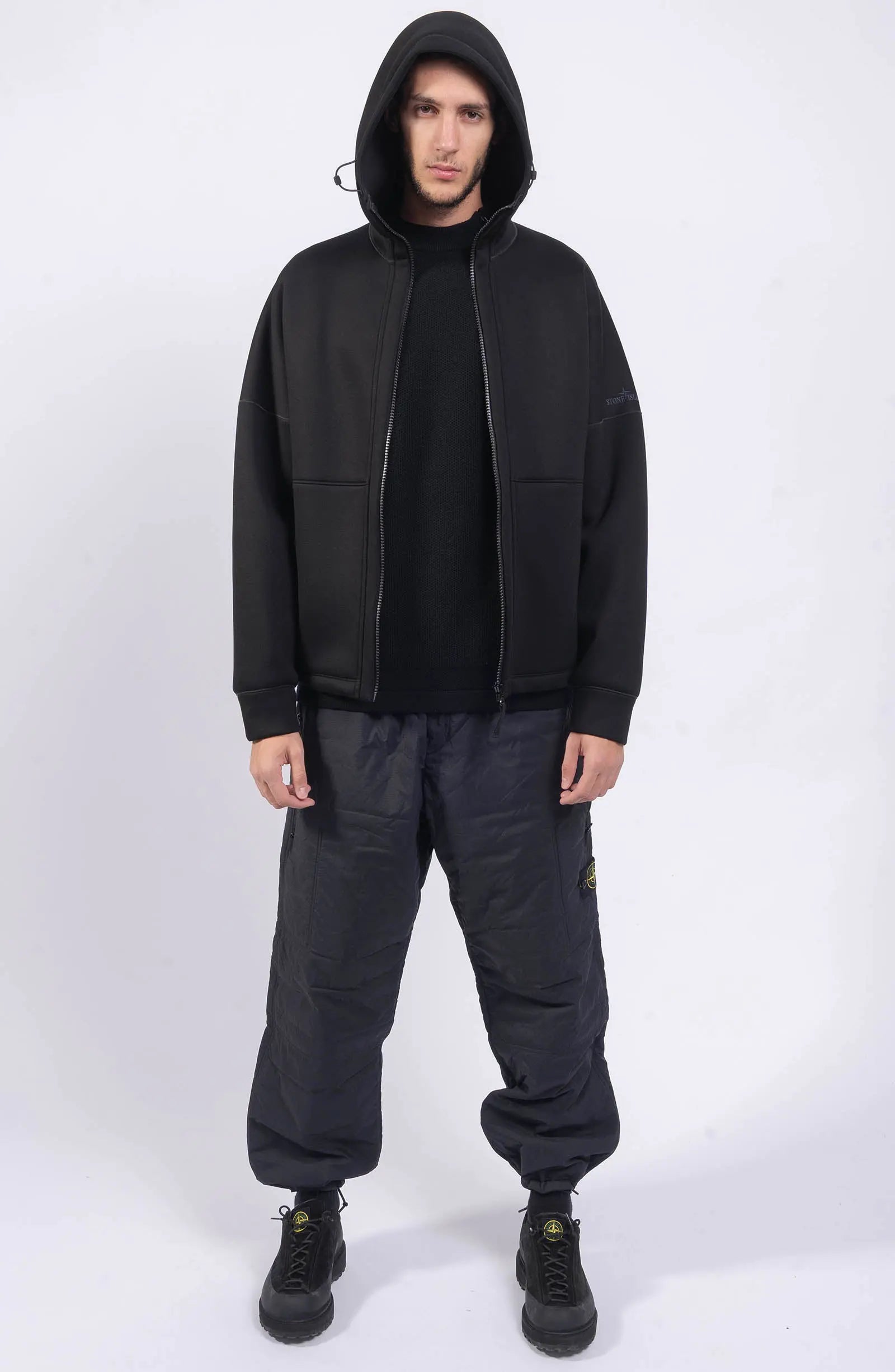 Stone Island, Mens Sweatshirt, Black V0029, Full Zip, Scuba Fleece, Vislon YKK Zipper, Hooded, Side Pockets, Stone Island Logo, Full Body Unzipped. 