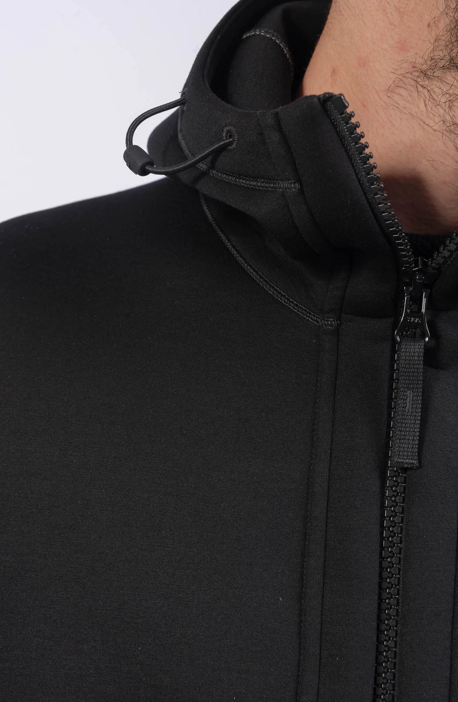 Stone Island, Mens Sweatshirt, Black V0029, Full Zip, Scuba Fleece, Vislon YKK Zipper, Hooded, Side Pockets, Stone Island Logo, Elasticated Hood Close-up. 