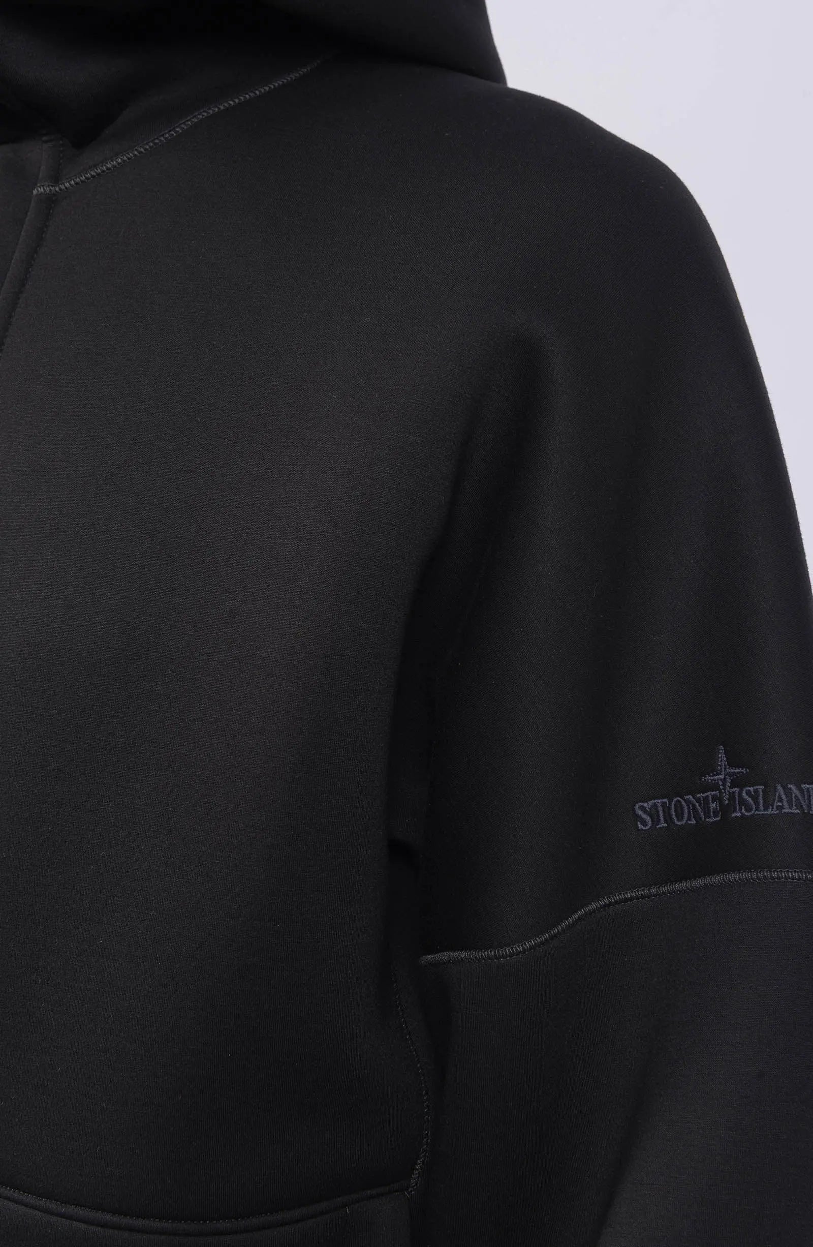 Stone Island, Mens Sweatshirt, Black V0029, Full Zip, Scuba Fleece, Vislon YKK Zipper, Hooded, Side Pockets, Stone Island Logo, Seam and Logo Close-up. 