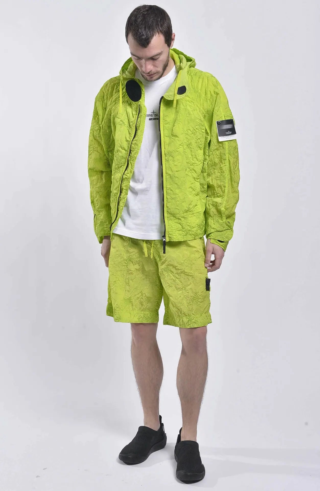 Stone Island, Mens Jacket, Shadow Project, Short Parka, Green, Hooded, Zippers, Pockets, Stone Island Badge, Shadow Project Badge, Full Body Front Photo. 