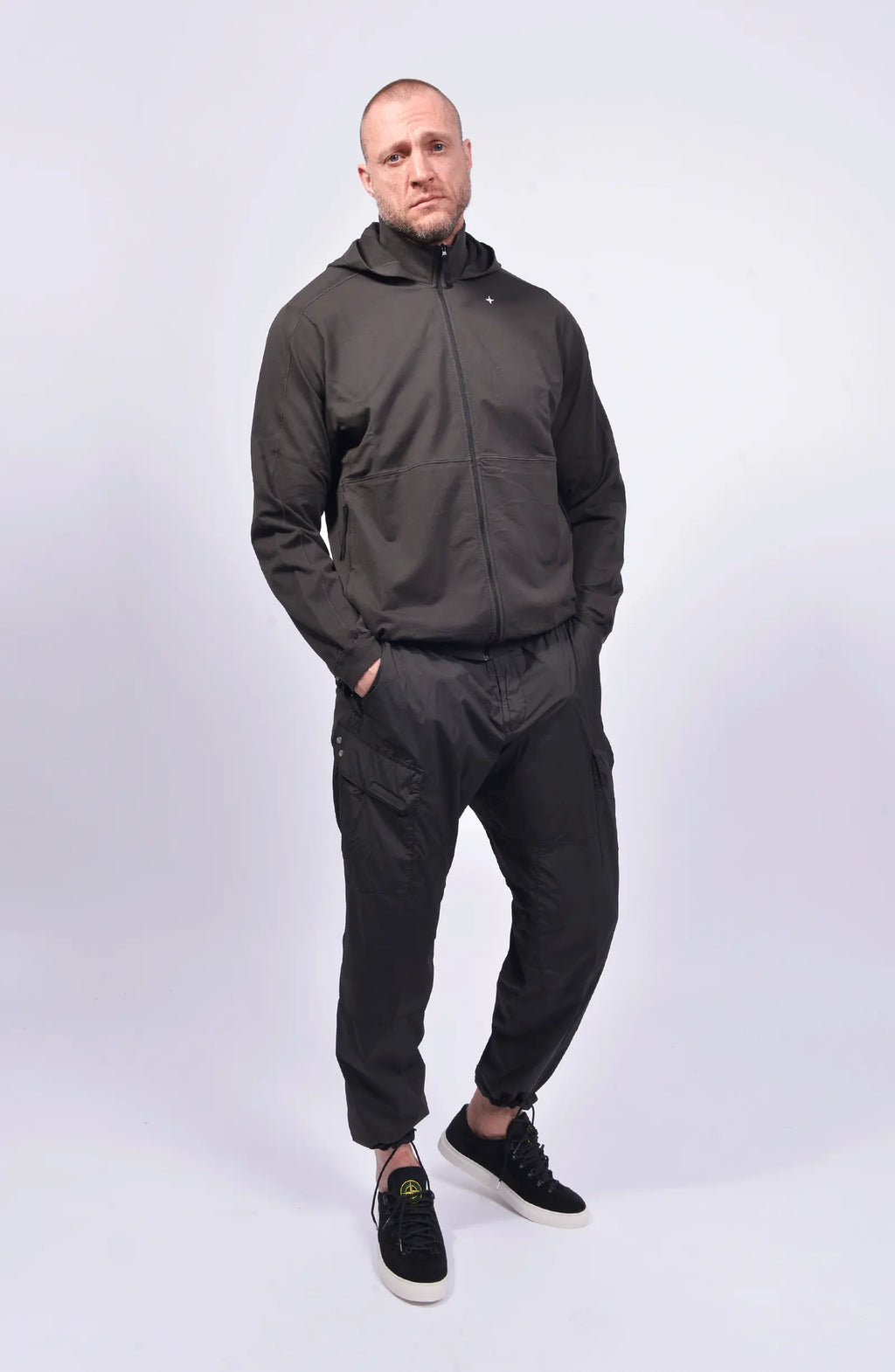 Stone Island, Mens Sweatshirt, Black V0029, Stellina, YKK Zipper, Hooded, Side Pockets, Любо Чука, Full Body In-motion photo. 