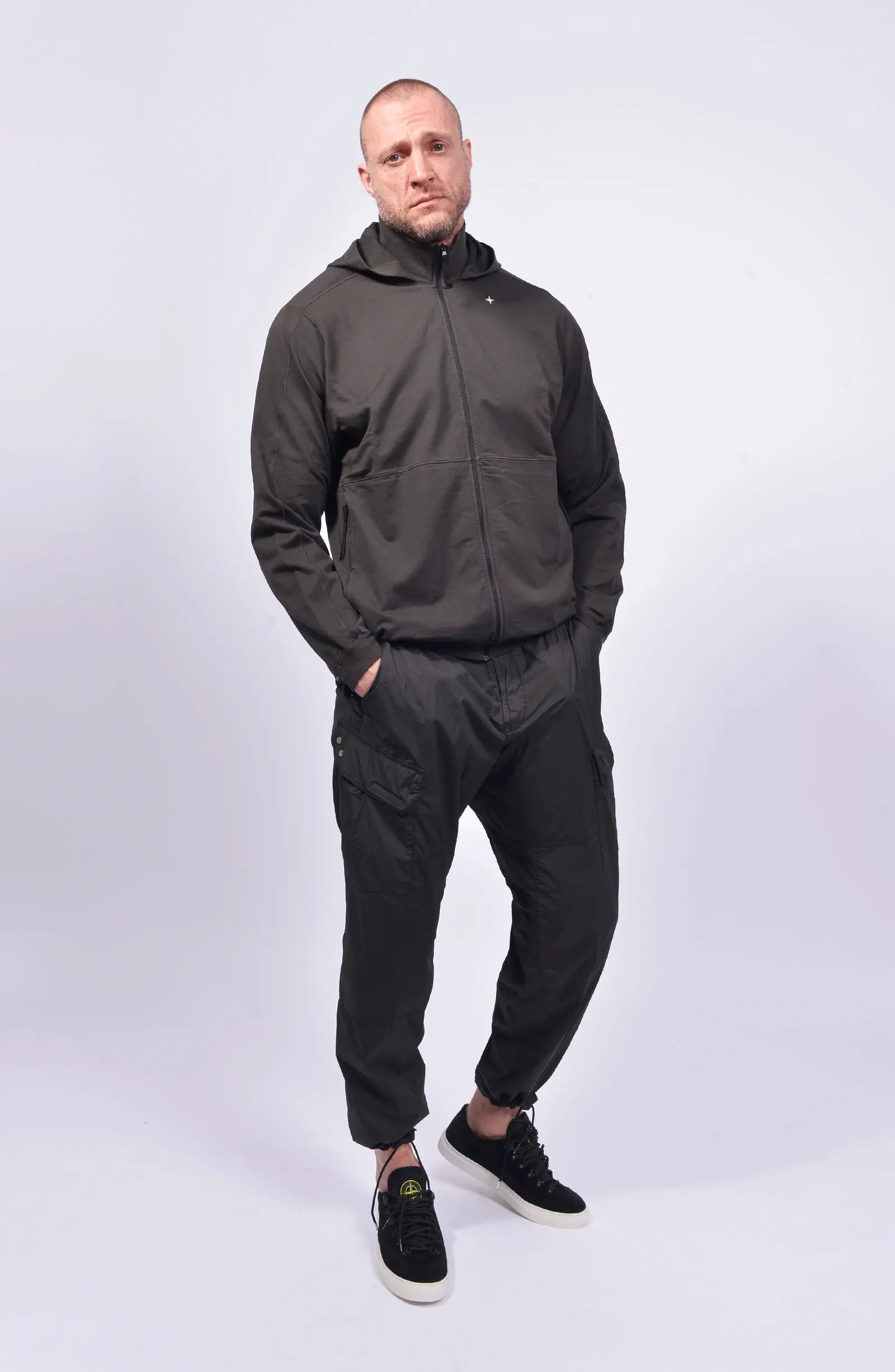 Stone Island, Mens Sweatshirt, Black V0029, Stellina, YKK Zipper, Hooded, Side Pockets, Любо Чука, Full Body In-motion photo. 