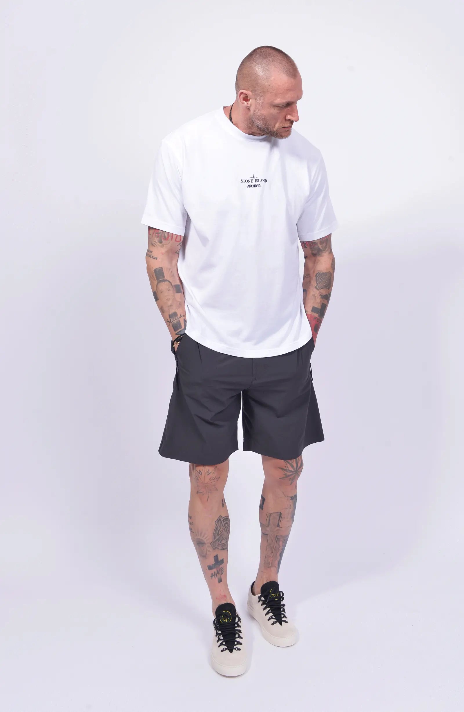 Stone Island, Mens Shorts, Grey, Technical Shorts, Side Pockets, Elasticated Waistband, Любо Чука, Full Body Front Photo. 