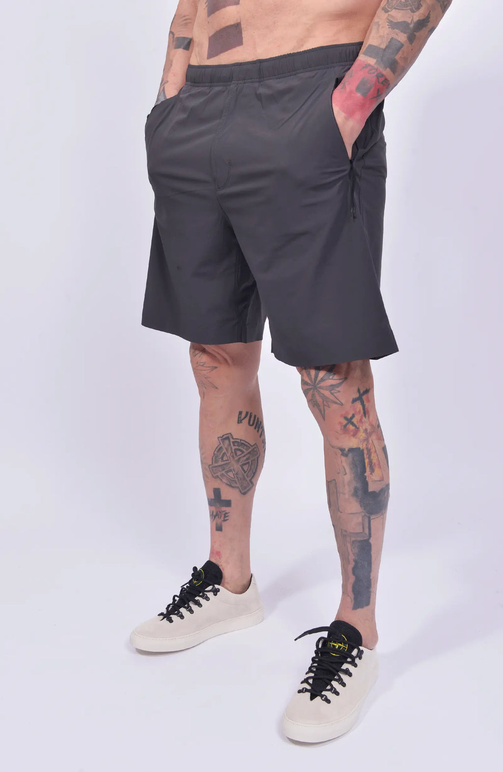 Stone Island, Mens Shorts, Grey, Technical Shorts, Side Pockets, Elasticated Waistband, Любо Чука, 3/4 Shot with hands in pockets. 