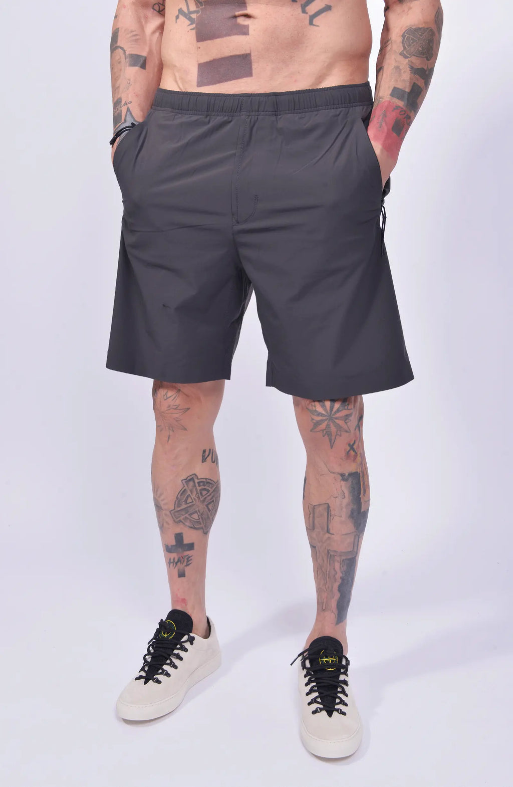 Stone Island, Mens Shorts, Grey, Technical Shorts, Side Pockets, Elasticated Waistband, Любо Чука, Front Photo hands in pockets. 