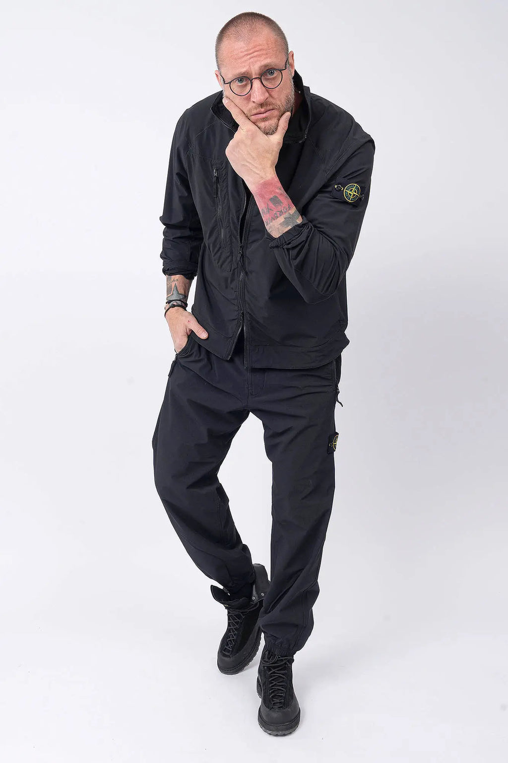 Stone Island, Mens Overshirt, Black V0029, Chest Zip Pocket, Side Compass Badge, Stretch Nylon tech fleece, Full-Zip, Centre Zip Closure, YKK Vilson Zippers, Elastic Cuffs, Full Body in-motion Photography. 