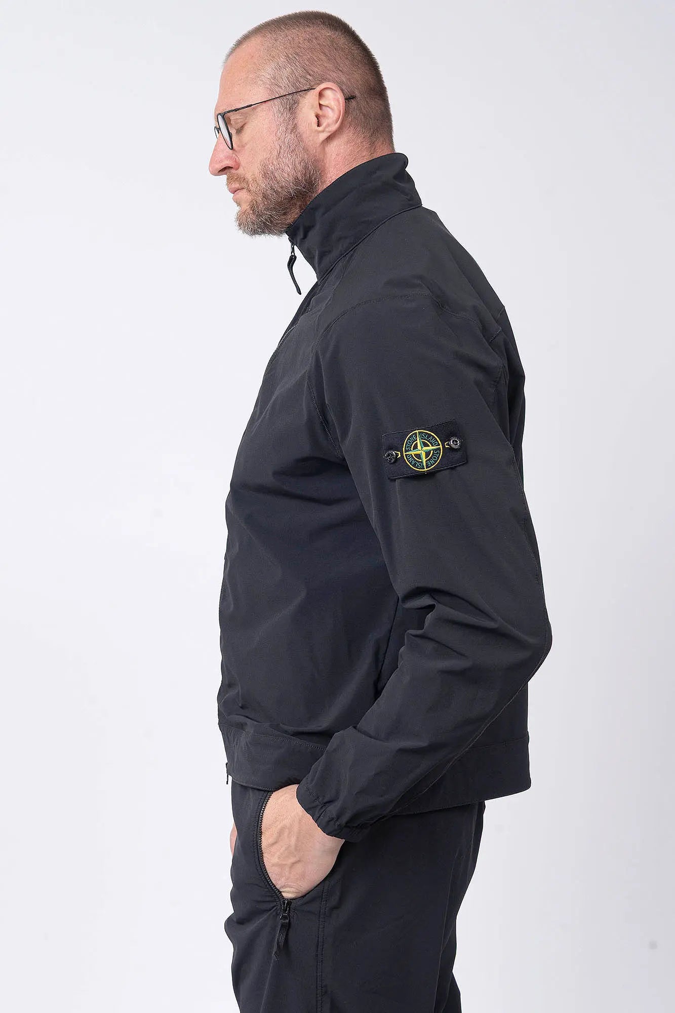 Mens Overshirt - Zip Pocket Stretch Nylon Tech Fleece - Stone
