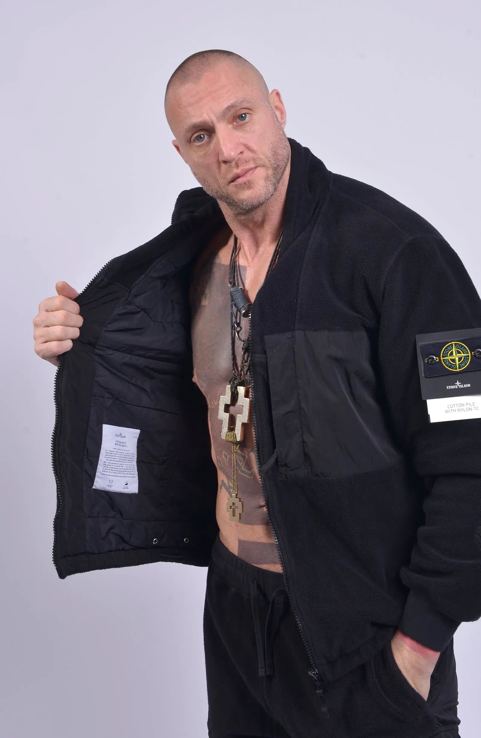Stone Island, Mens Jacket, Black V0029, Compass Badge, YKK Zippers, Inside Pockets, Side Pockets, YKK, Unzipped Top Shot.