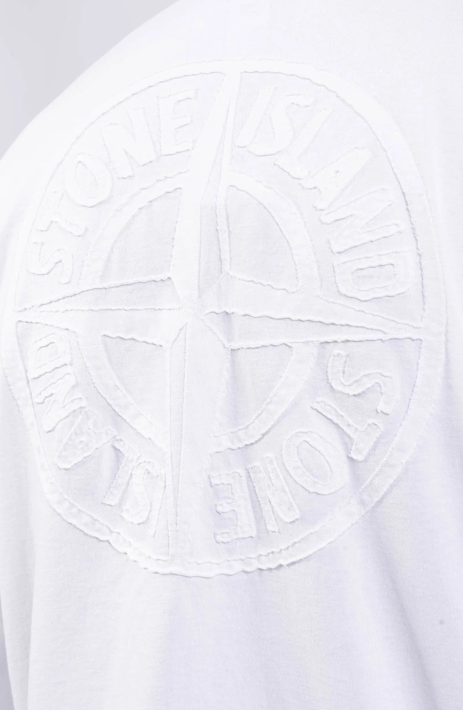 Stone Island, Mens Blouse, White V0001, Oversized Fit, Back Compass Embroidery, Ribbed Neckline, Ribbed Cuffs, Cotton/Spandex, Любо Чука, Embroidery Close-up. 
