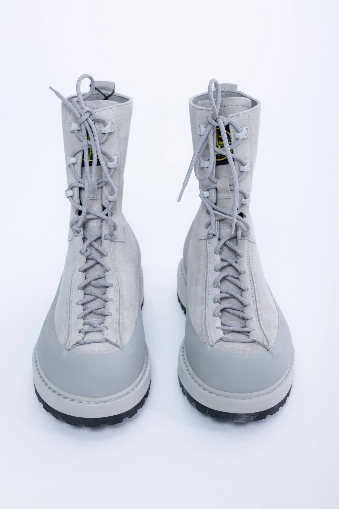 Stone Island, Mens Boots, White V0061, Leather, Lace-up, Logo-patch, Rubber Soles, Front View. 