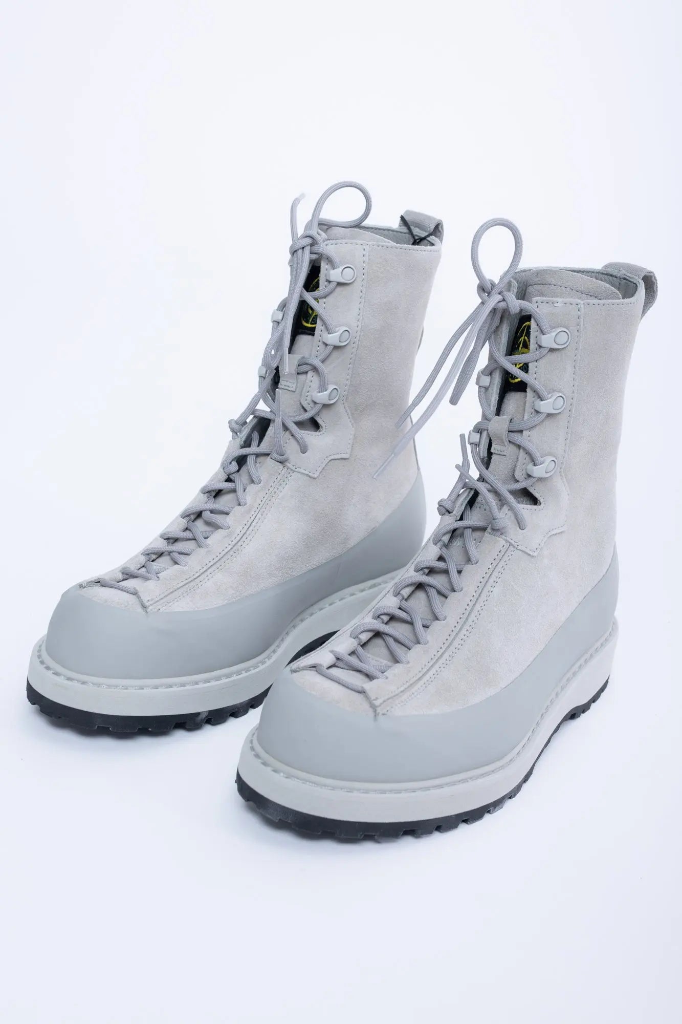 Stone Island, Mens Boots, White V0061, Leather, Lace-up, Logo-patch, Rubber Soles, 3/4 View. 