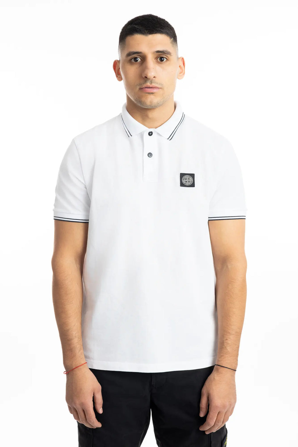 Stone Island, Mens Polo Shirt, White V1001, Ribbed Collar, Stone Island Buttons, Embroidery, Ribbed Cuffs and Hems, Elastic Piqué, Front Portrait. 