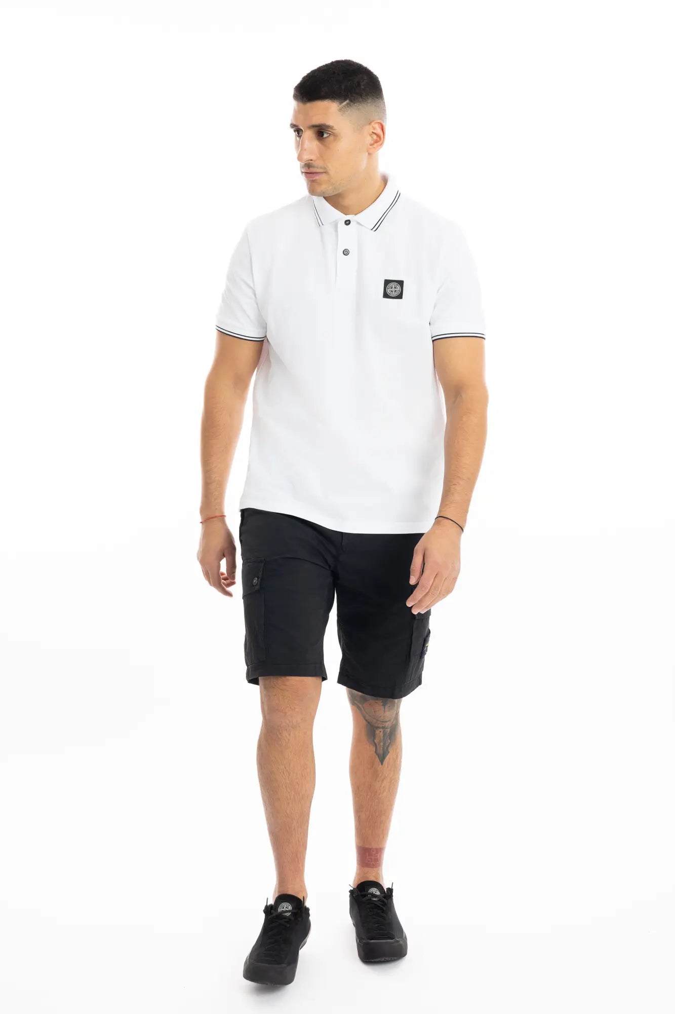 Stone Island, Mens Polo Shirt, White V1001, Ribbed Collar, Stone Island Buttons, Embroidery, Ribbed Cuffs and Hems, Elastic Piqué, Full Body. 