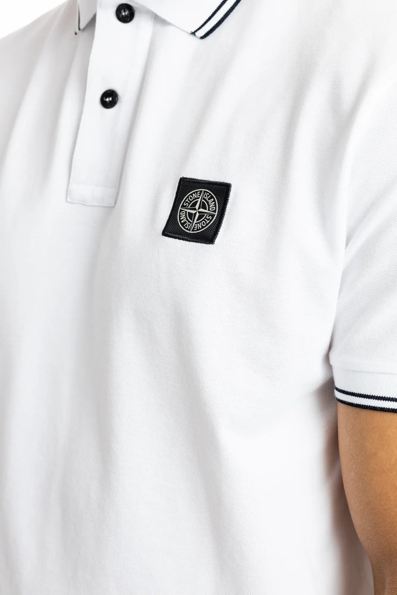 Stone Island, Mens Polo Shirt, White V1001, Ribbed Collar, Stone Island Buttons, Embroidery, Ribbed Cuffs and Hems, Elastic Piqué, Embroidery Close-up. 