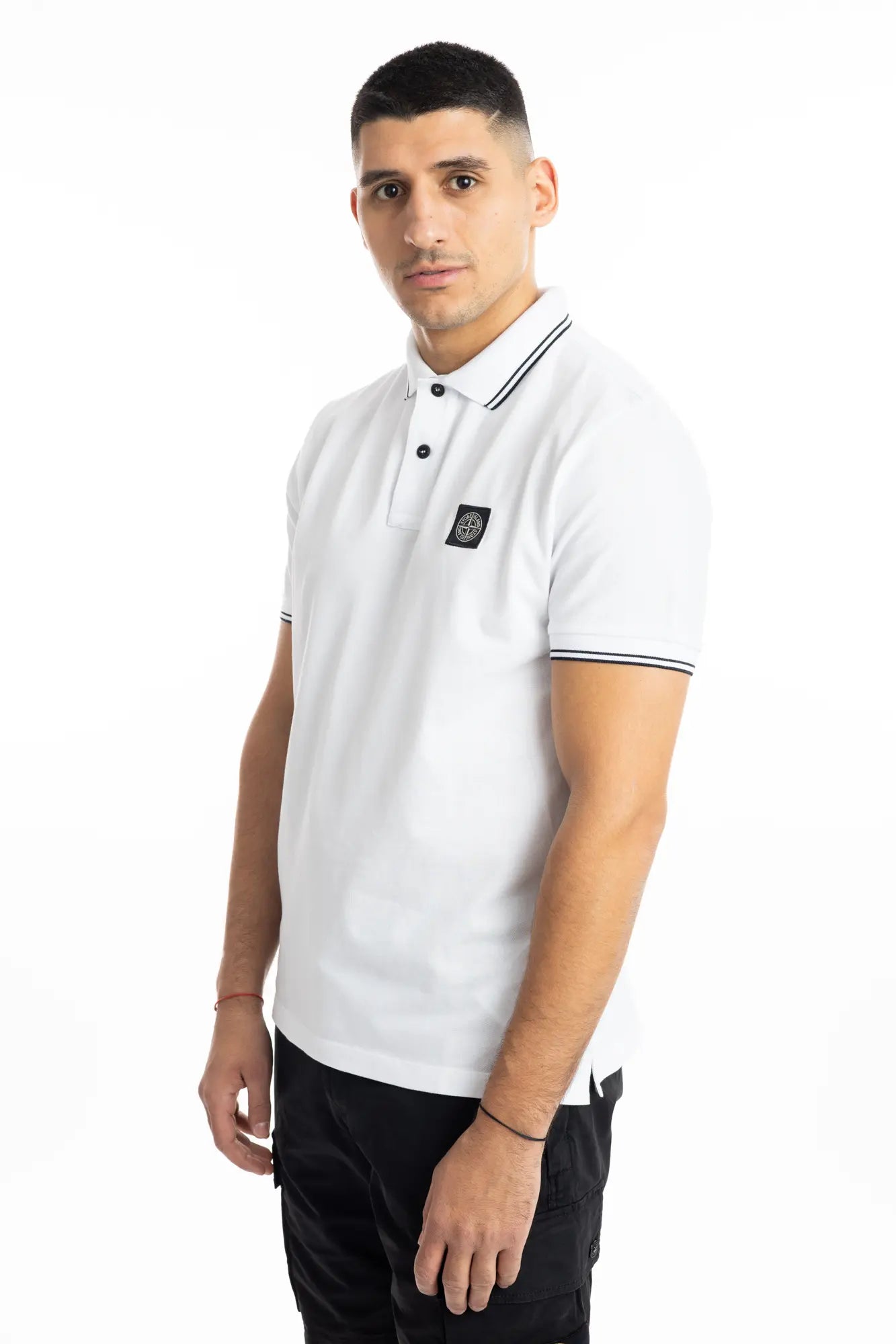Stone Island, Mens Polo Shirt, White V1001, Ribbed Collar, Stone Island Buttons, Embroidery, Ribbed Cuffs and Hems, Elastic Piqué, 3/4 Front View. 