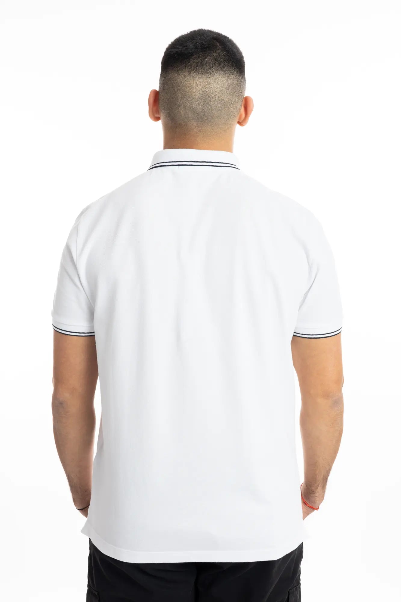 Stone Island, Mens Polo Shirt, White V1001, Ribbed Collar, Stone Island Buttons, Embroidery, Ribbed Cuffs and Hems, Elastic Piqué, Back View. 